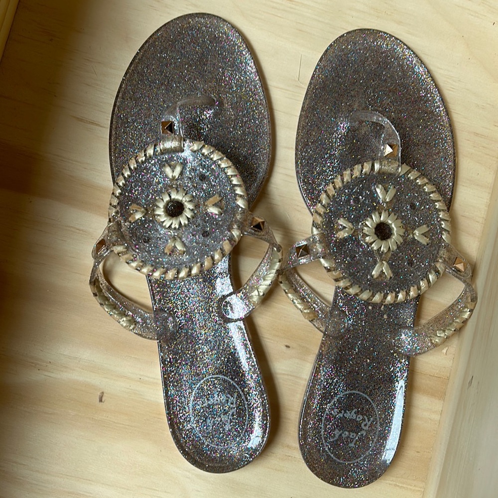 Jack Rogers Jelly Thong, multi glitter thong sandals size 10 Gold studs
